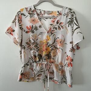 Loft Petite MP Floral Pullover Blouse Top Cinched Drop Waist Faux Buttons V-Neck